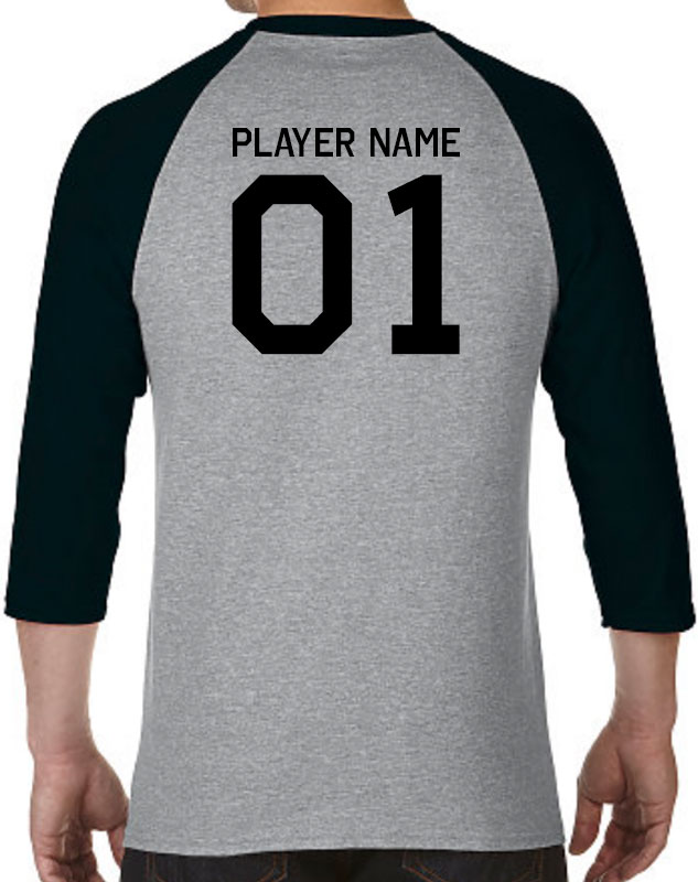 Baseball Player Personalized Name White and Navy Raglan Long